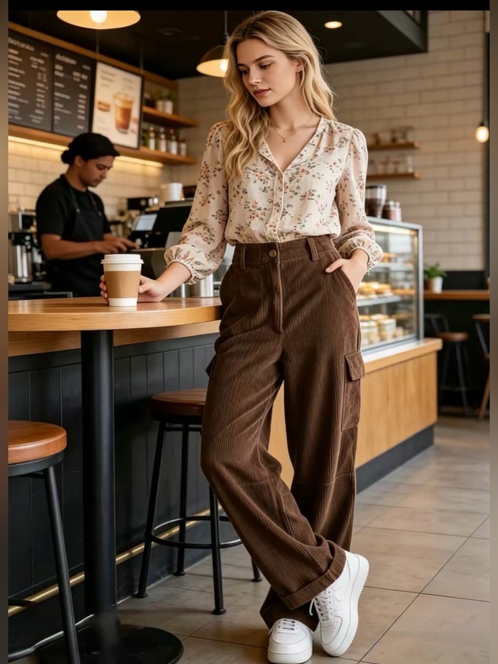 EMMIOL Denim Brown Corduroy Cargo Pants Wide Leg High Waist NWOT Large